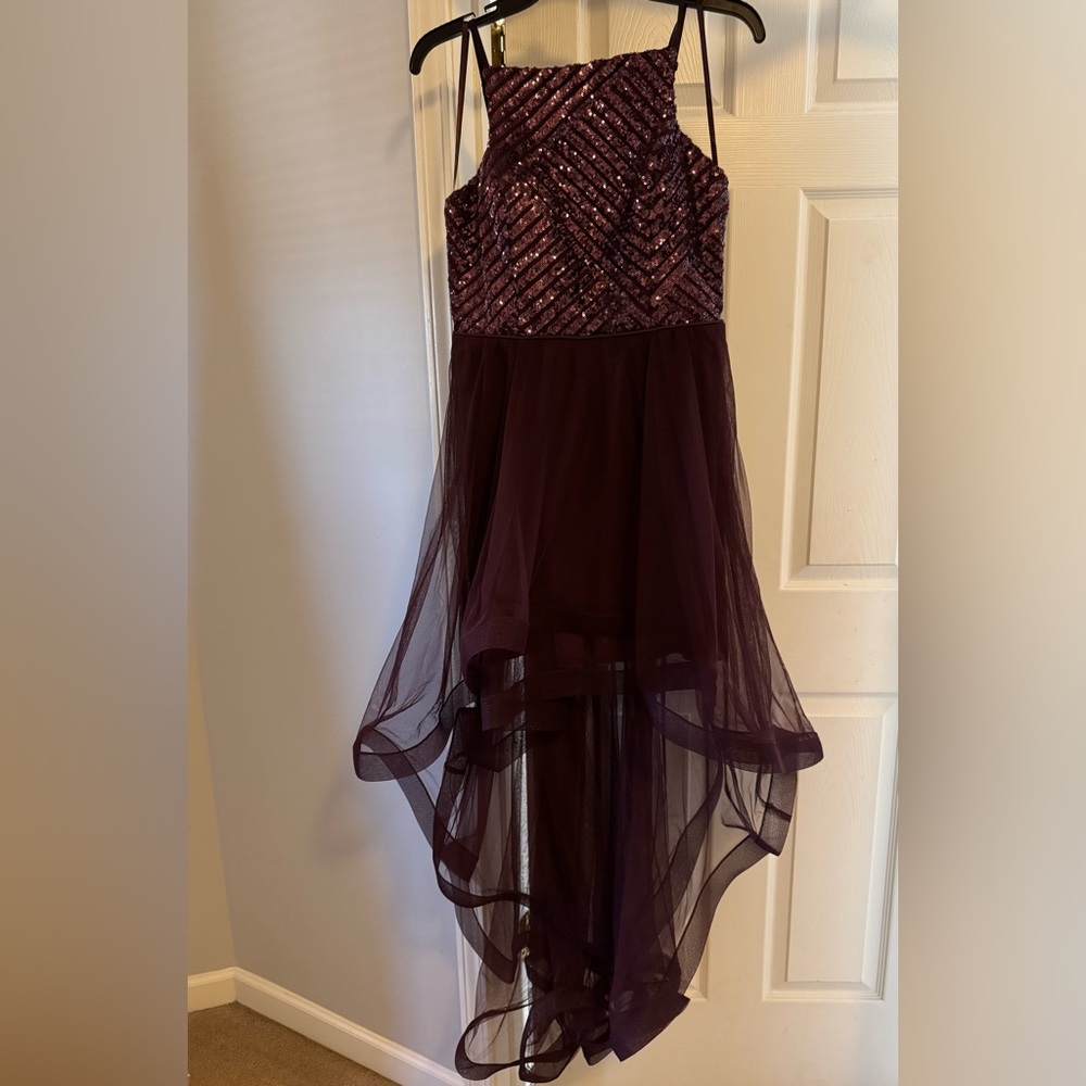 Sequined High-Low Chiffon Dress in Deep Plum